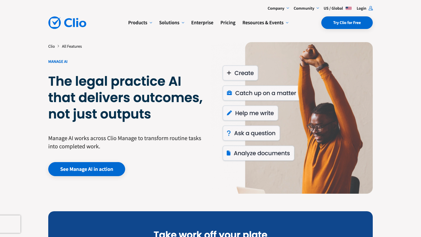 Clio Duo homepage hero: "The legal practice AI that delivers outcomes, not just outputs"