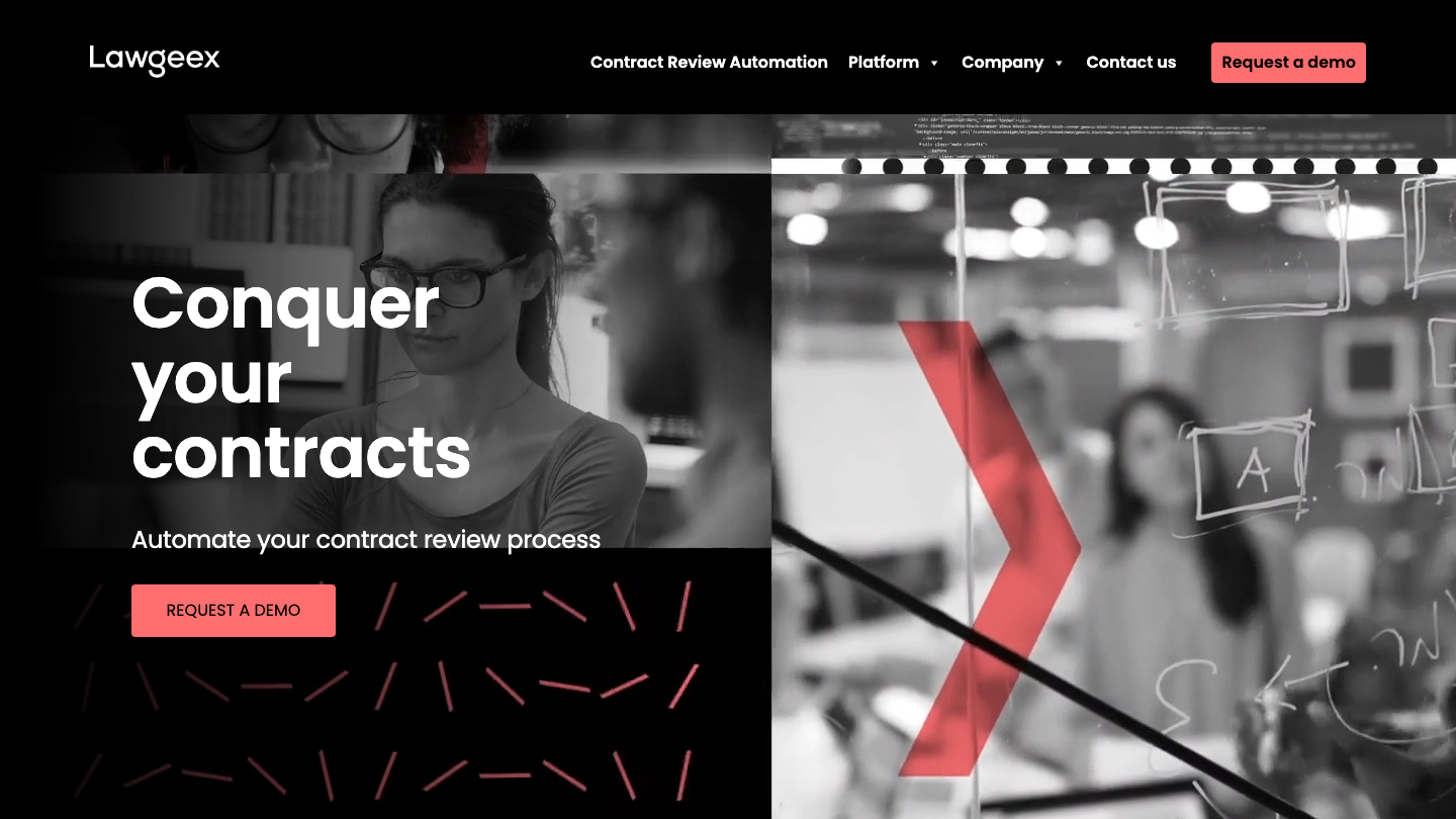 LawGeex homepage hero: "Conquer your contracts" — automated contract review