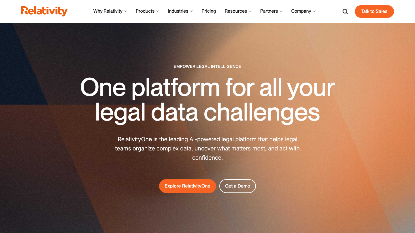 Relativity homepage hero: "One platform for all your legal data challenges"