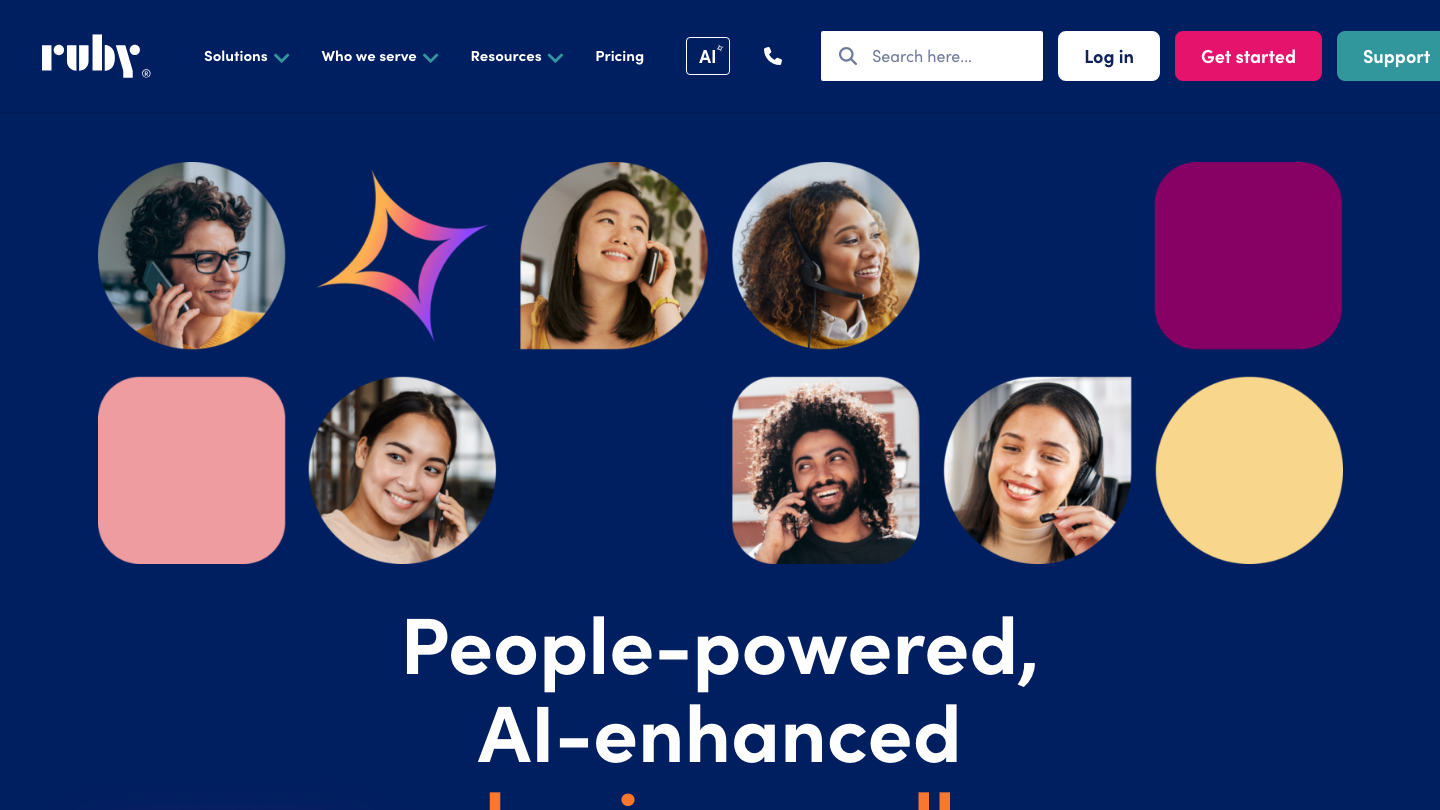Ruby Receptionists homepage hero: "People-powered, AI-enhanced" with photos of receptionists
