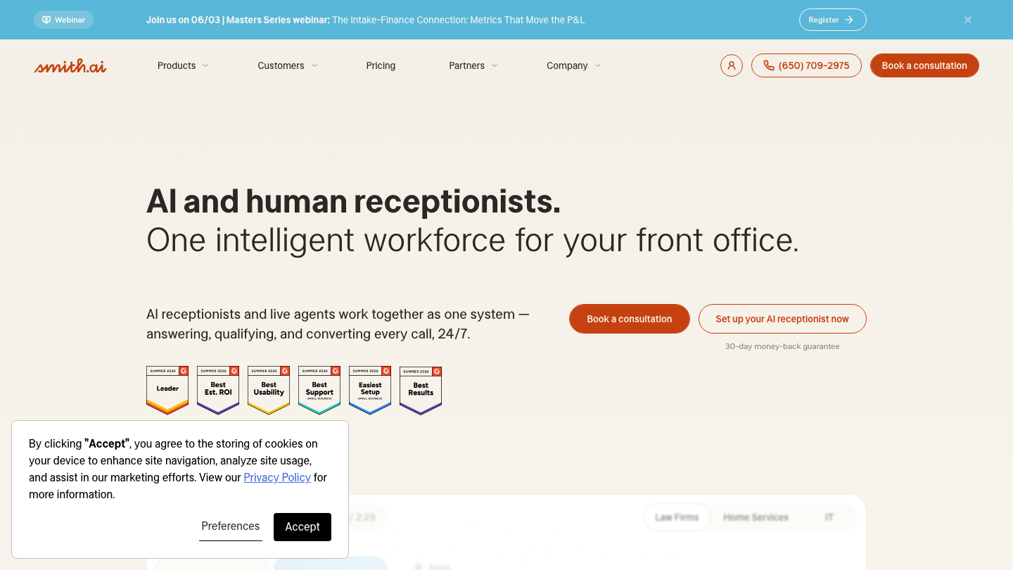 Smith.ai homepage hero: "AI and human receptionists. One intelligent workforce for your front office."