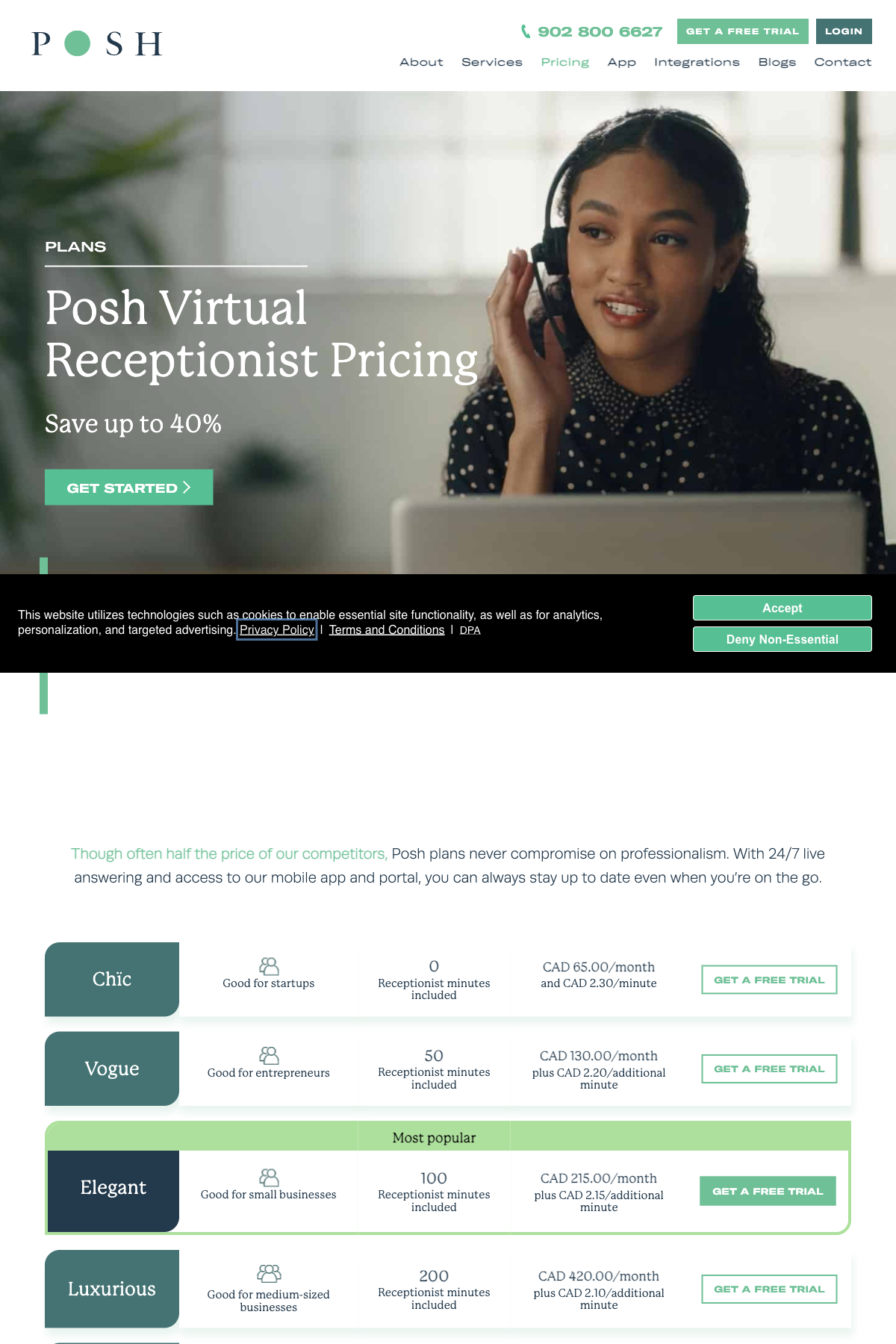 Posh Virtual Receptionists pricing page snapshot dated 2026-05-26